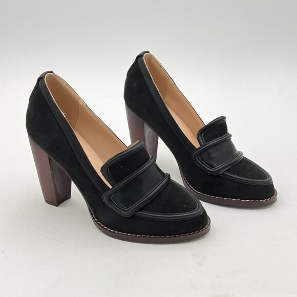 YDN Black Suede Chunky High Heels Round Toe Oxford Loafer Shoe - Picture 1 of 7